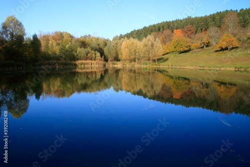 Blick auf den Gültlinger See. Der Herbstwald spiegelt sich im See.