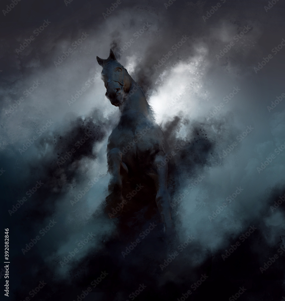 Fototapeta premium Dark epic scene where a powerful black stallion emerges from the clouds or mist.
