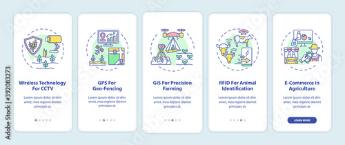 Information technology in agriculture onboarding mobile app page screen with concepts. Technology for CCTV walkthrough 5 steps graphic instructions. UI vector template with RGB color illustrations