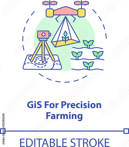 GiS for precision farming concept icon. Information technology in agriculture. Detailed analyzing of farmlands idea thin line illustration. Vector isolated outline RGB color drawing. Editable stroke