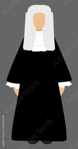 Judge in black robe costume and wig. Isolated vector illustration on gray background. Flat style. The Lord Chief Justice 