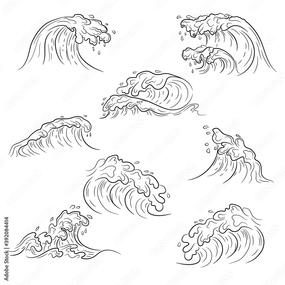 Japanese wave vector set and thai style.Outline wave isolate on white background. Editable - Vector. Japanese wave vector set and thai style.Outline wave isolate on white background. Editable - Vector.