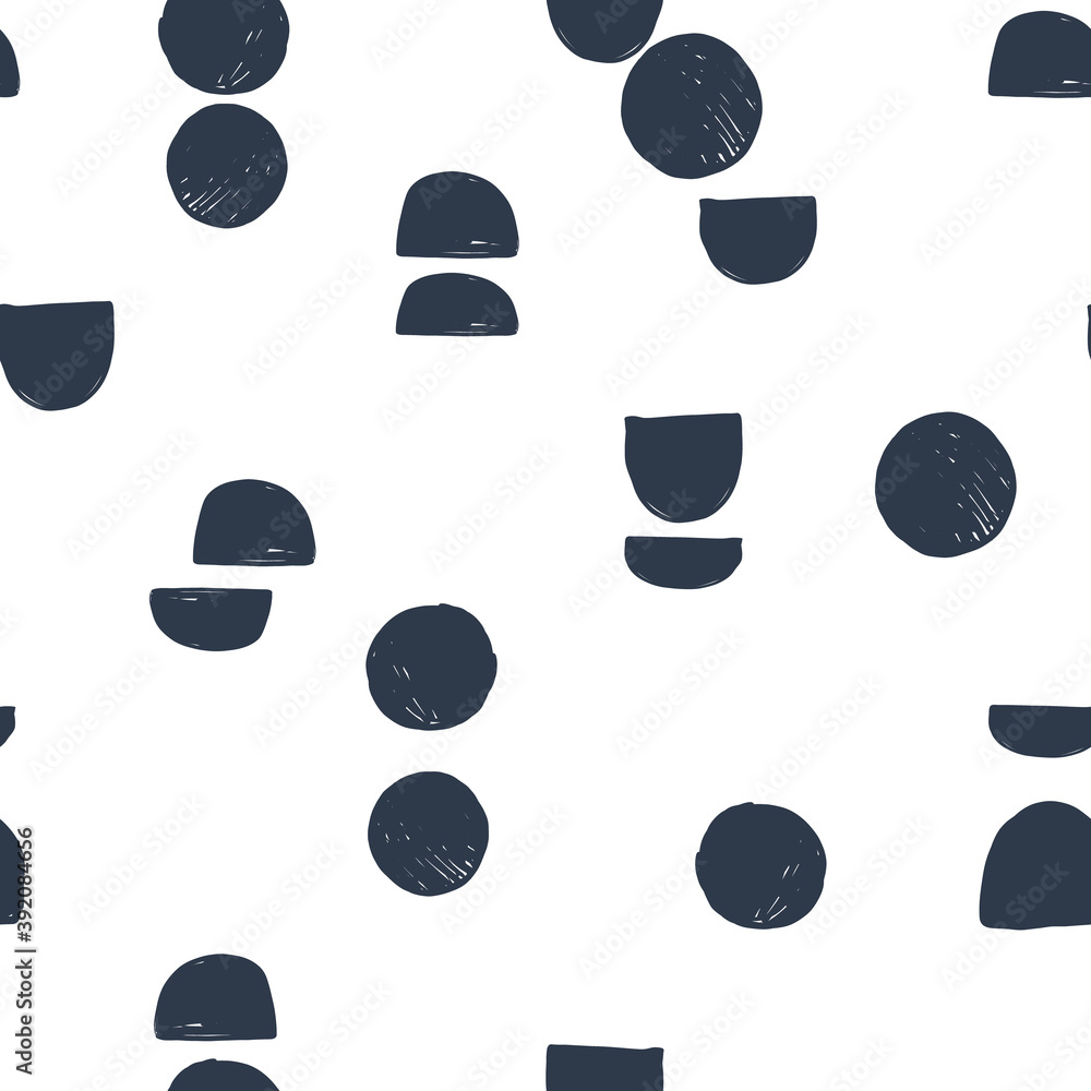 Abstract pattern with hand drawn circles and semicircles. Cute messy black and white spot pattern. Seamless monochrome spot pattern for fabric, wallpapers, wrapping paper, cards and web backgrounds.