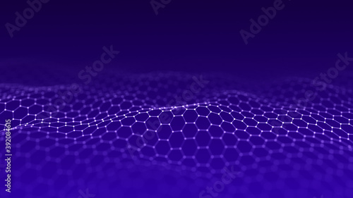 Abstract hexagon wave with moving dots. Flow of particles. Cyber technology illustration. 3d rendering © estar 2020