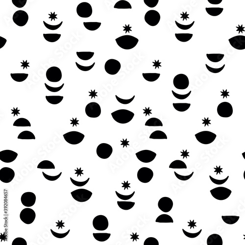 Seamless pattern with stars and the Moon. Vector illustration for a minimalistic design. Modern elegant background.Finnish drawing.