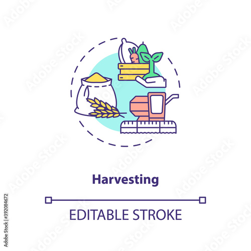 Harvesting concept icon. Agriculture machines types. Gathering fully grown crops on farm fields idea thin line illustration. Vector isolated outline RGB color drawing. Editable stroke