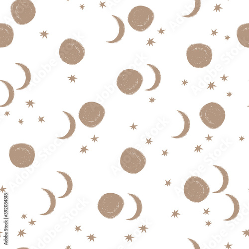 Seamless pattern with stars and the Moon. Vector illustration for a minimalistic design. Modern elegant background.Finnish drawing.