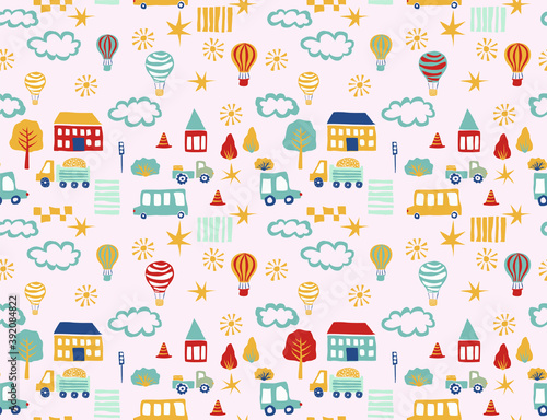 Tileable vector background for boys and children. Seamless pattern with cars, balloons and buildings. City illustration in cartoon style. Hand drawn pattern