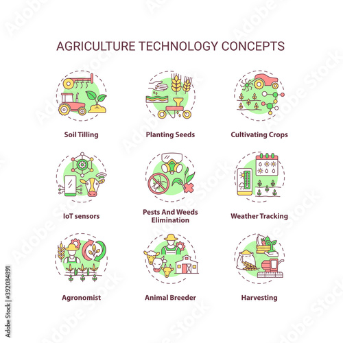 Agriculture technology concept icons set. Soil tilling. Planting plants seeds. Cultivating crops idea thin line RGB color illustrations. Vector isolated outline drawings. Editable stroke