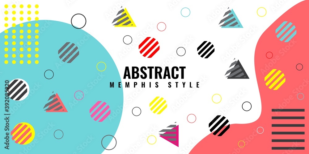 abstract Memphis style retro background with multicolored simple geometric shapes. Vector Illustration	