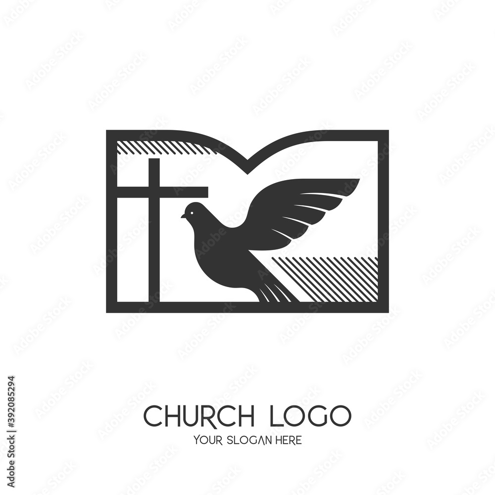 Obraz premium Church logo. Christian symbols. The cross of Jesus Christ, the Bible and the Symbol of the Holy Spirit - a dove.