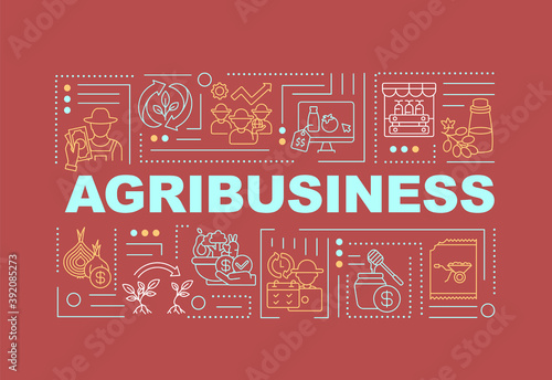 Agriculture business word concepts banner. Commercial farming. Infographics with linear icons on red background. Isolated typography. Vector outline RGB color illustration