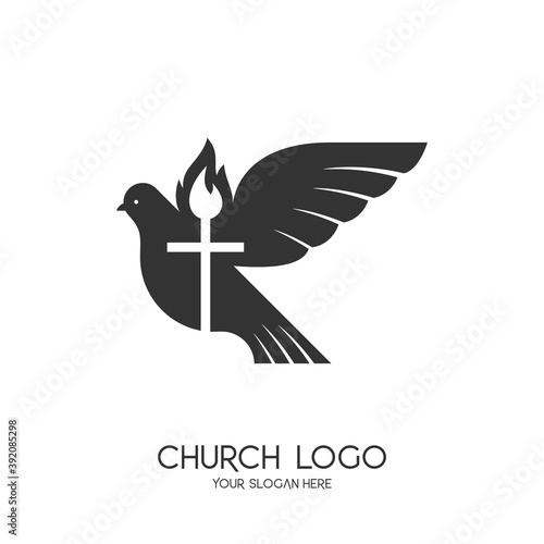 Church logo. Christian symbols. The Cross of Jesus Christ and the Symbol of the Holy Spirit are a dove and a flame.