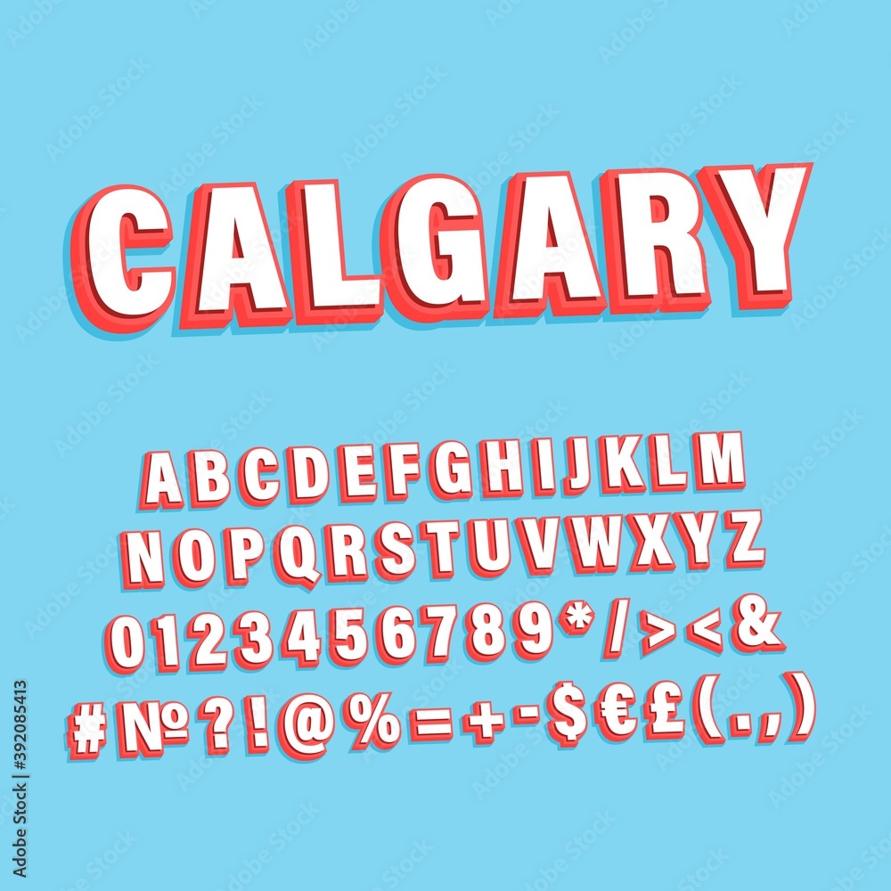 Calgary vintage 3d vector alphabet set. Retro bold font, typeface. Pop ...