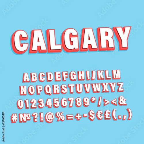 Calgary vintage 3d vector alphabet set. Retro bold font, typeface. Pop art stylized lettering. Old school style letters, numbers, symbols pack. 90s, 80s creative typeset design template