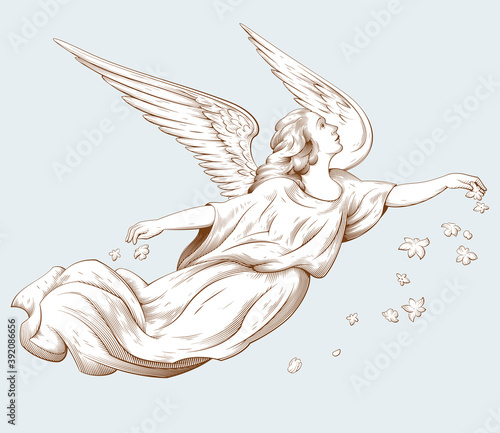 Flying angel with flowers. Biblical illustrations in old engraving style. Decor for religious holidays. Hand drawn vector illustration photo