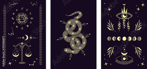 Celestial Mystical symbols and icons of sun, moon, crystals, evil eye, snake, libra. Bohemian gypsy motifs on background. Vector, illustration