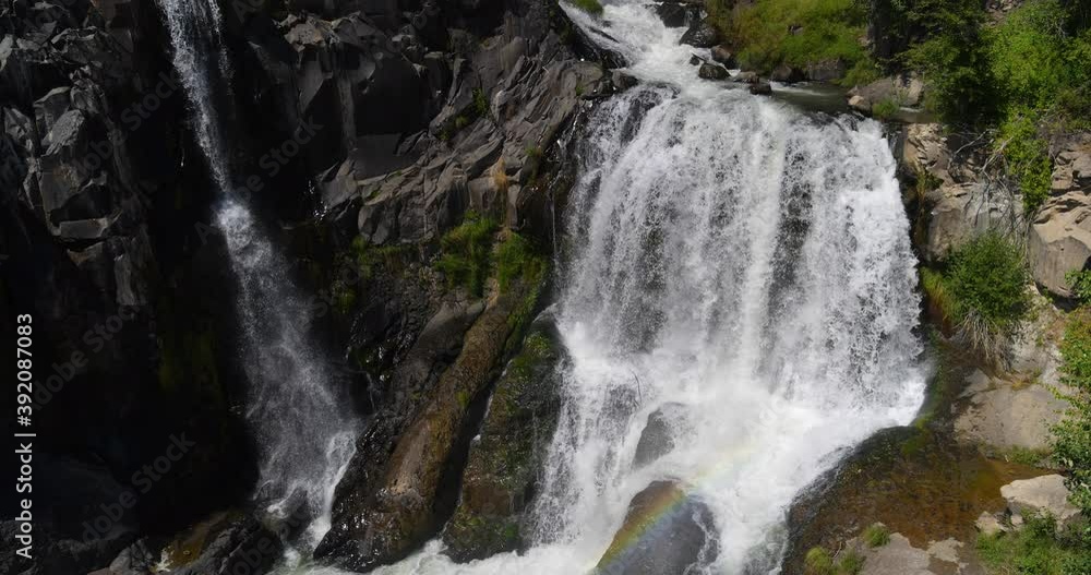 Aerial, rainbow over waterfalls in Oregon Aerial, rainbow over waterfalls in Oregon