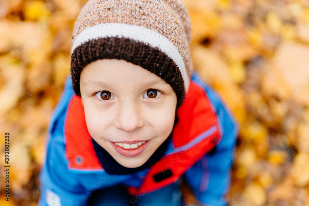 Close up sincere portrait of cute adorable happy little boy standing in autumn park outside, looking up at camera, happy childhood lifestyle concept. Close up sincere portrait of cute adorable happy little boy standing in autumn park outside, looking up at camera, happy childhood lifestyle concept.