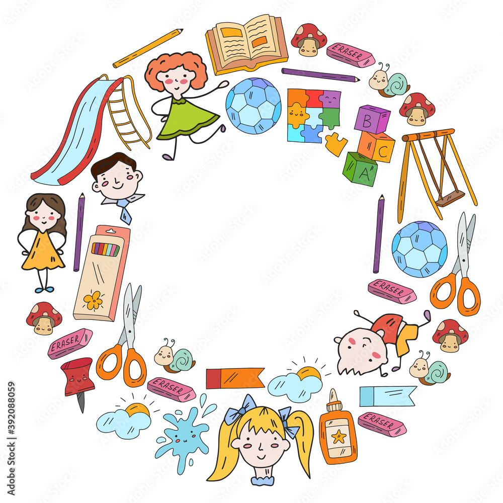 Kindergarten. Vector frame and pattern with toys and small children. Preschool education. Kindergarten. Vector frame and pattern with toys and small children. Preschool education.