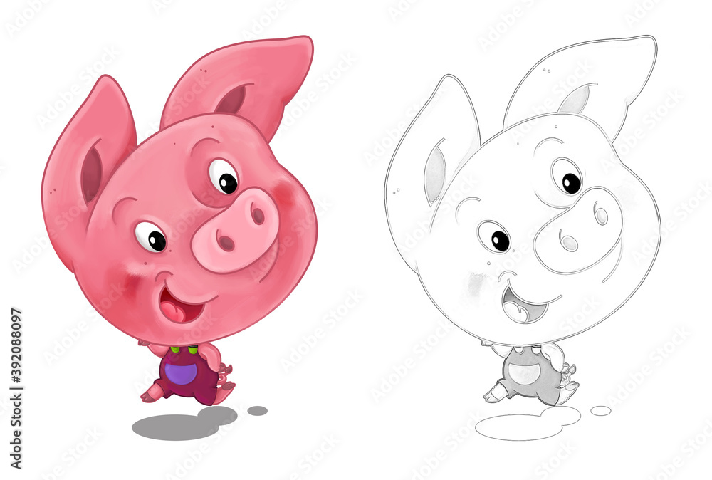 cartoon happy scene with sketch with pig having fun - illustration cartoon happy scene with sketch with pig having fun - illustration