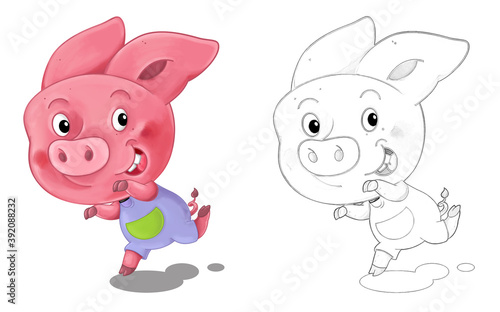 cartoon happy scene with sketch with pig having fun - illustration © agaes8080