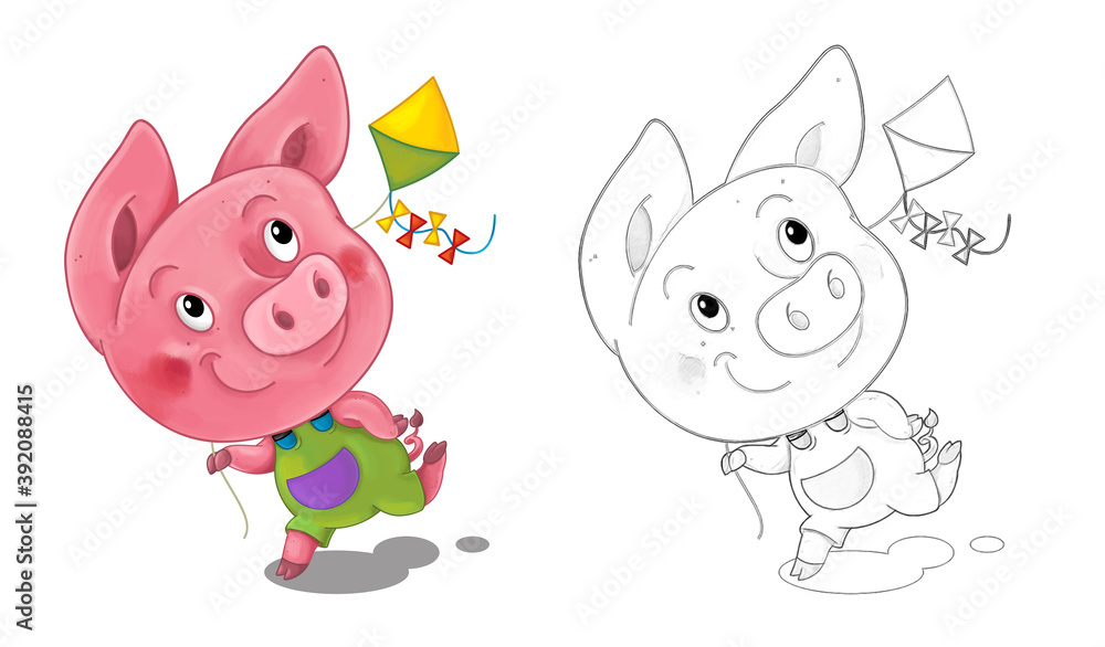 cartoon happy scene with sketch with pig having fun - illustration cartoon happy scene with sketch with pig having fun - illustration