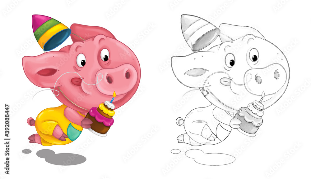 Fototapeta premium cartoon happy scene with sketch with pig having fun - illustration