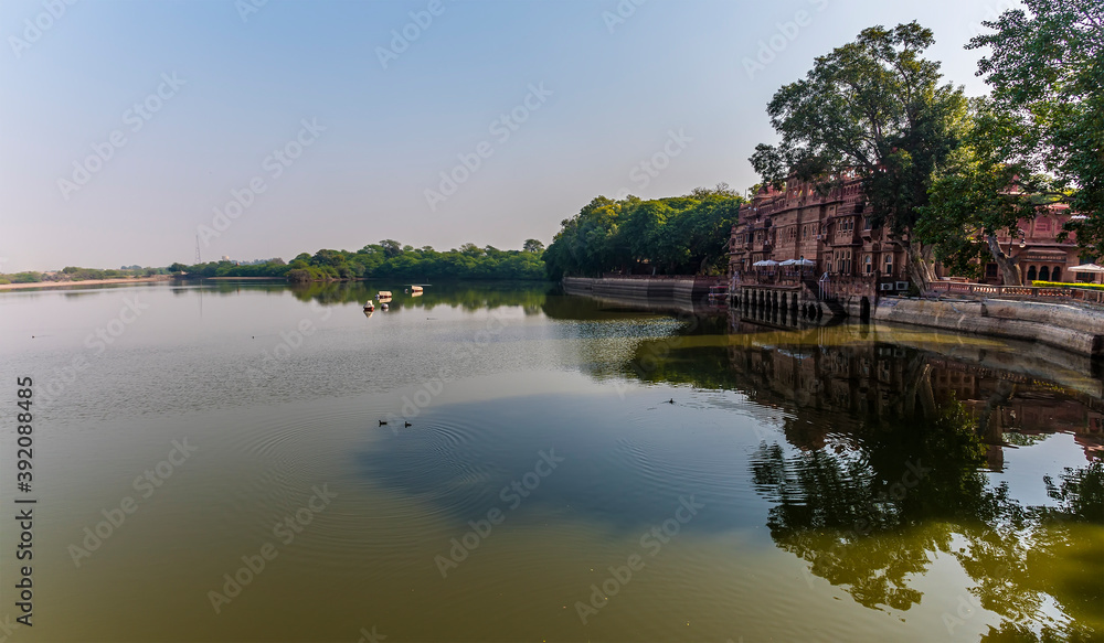 A panorama view across the southern side of Gajner lake in Rajasthan, India
