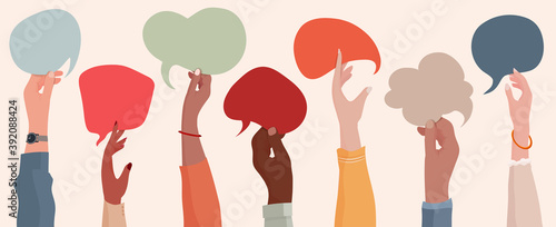 Group communication of multi-ethnic and multicultural men and women. Raised hands holding speech bubble. Racial equality. People diversity. Different culture and countries. Community