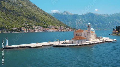 Perast, Bay of Kotor, Montenegro. Aerial view of the Our Lady of the Rocks