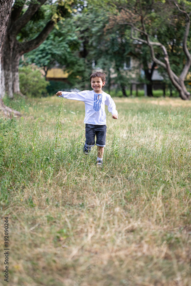 Little adorable boy in shirt with Ukrainian ornament running in park and smiling