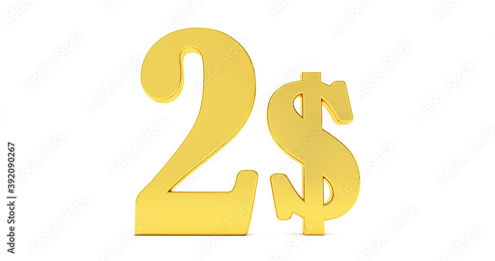 Golden two Dollar sign isolated on white background, 2 dollar price symbol. 3D render Golden two Dollar sign isolated on white background, 2 dollar price symbol. 3D render