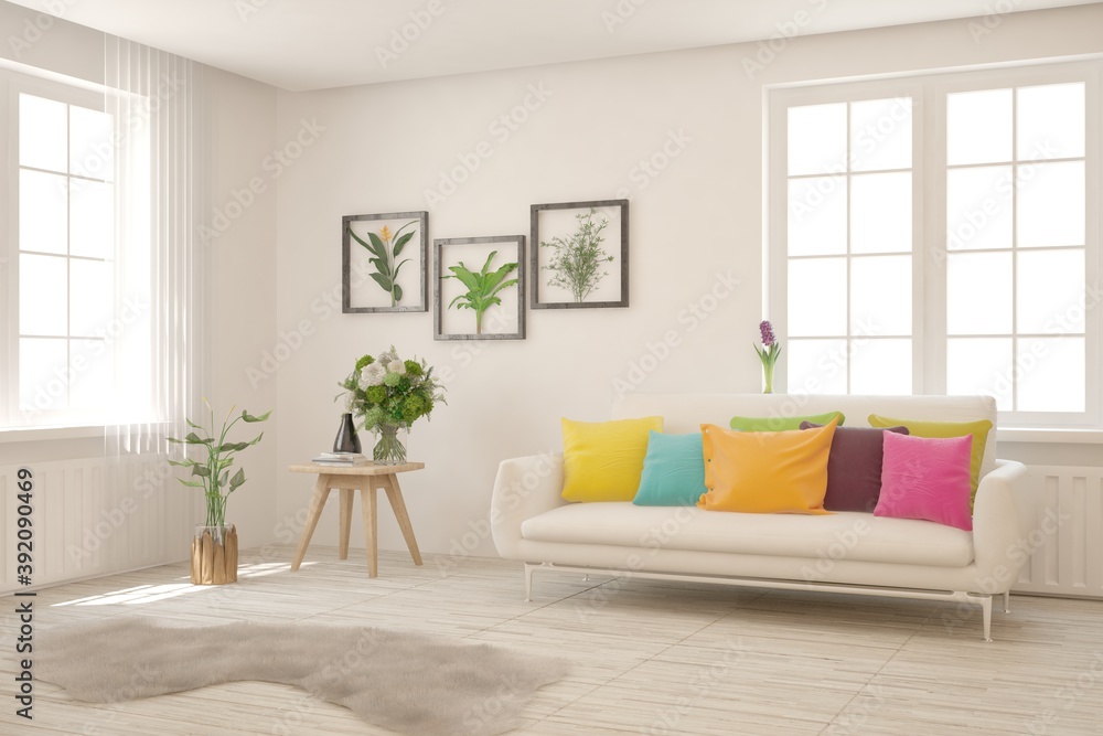 Fototapeta premium White living room with sofa. Scandinavian interior design. 3D illustration