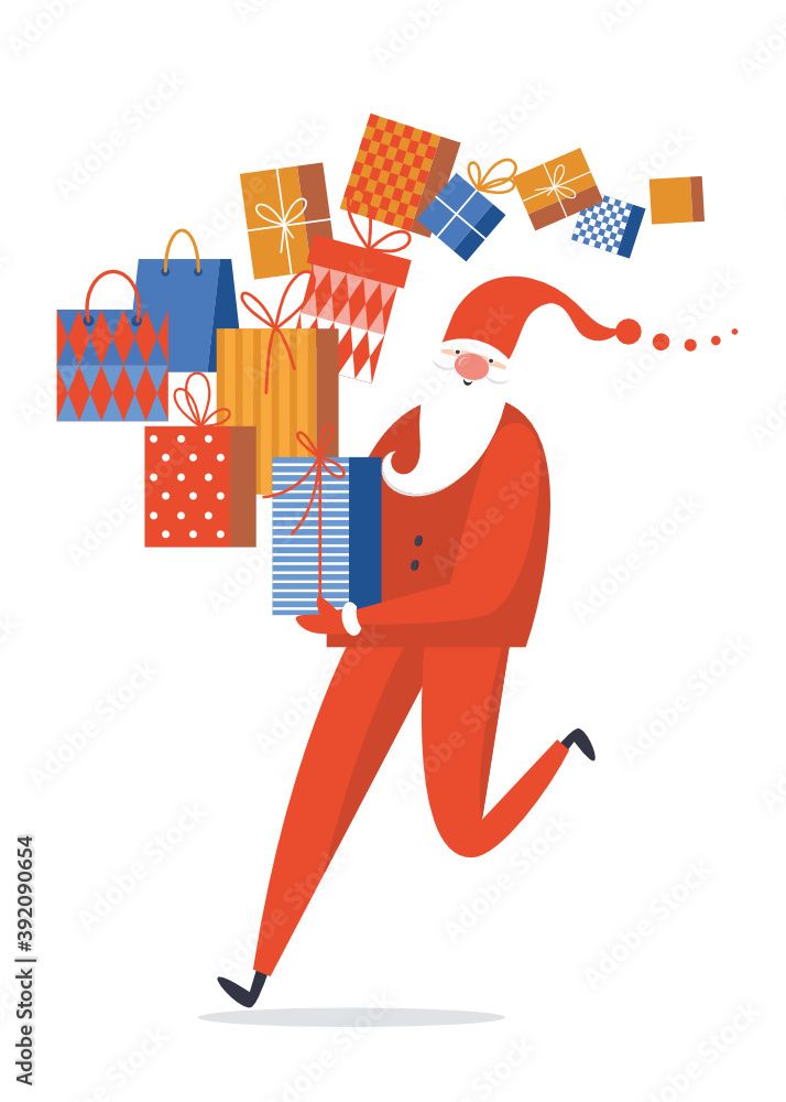 Fototapeta premium Santa coming soon . Christmas Winter Sale . Banner Design Template. Christmas shopping . Flyer, poster. Vector illustration. Santa and Christmas gifts on the white background.