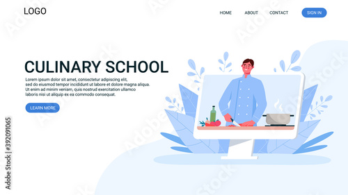 Online culinary school. Online recipe, Man chef teaches cooking new recipe. Food Blog, channel. Video tutorial. Online education, distance learning. Flat Cartoon Vector Illustration. Landing page.