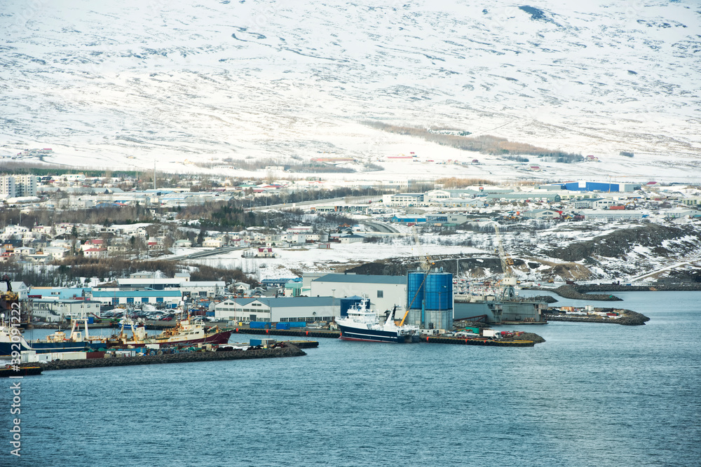 container ship in export and import business and logistics. Iceland cargo port.