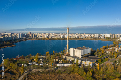 Waste incineration plant in the city near the lake.