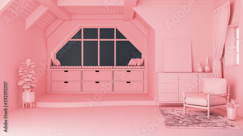Bilde på lerret Pastel pink monotone concept living room interior with open space and split-leve
