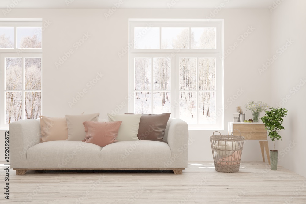 White living room with sofa and winter landscape in window. Scandinavian interior design. 3D illustration White living room with sofa and winter landscape in window. Scandinavian interior design. 3D illustration
