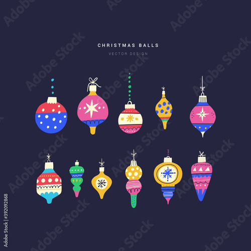 Christmas toy balls flat vector illustrations set