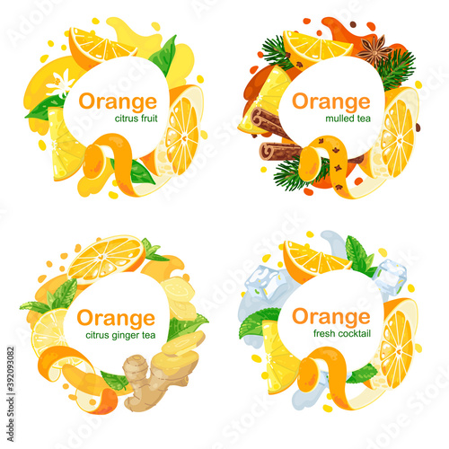 Set of rounded frames with slices of orange. Oranges, lemon, mint, ginger, cinnamon. Vector illustration