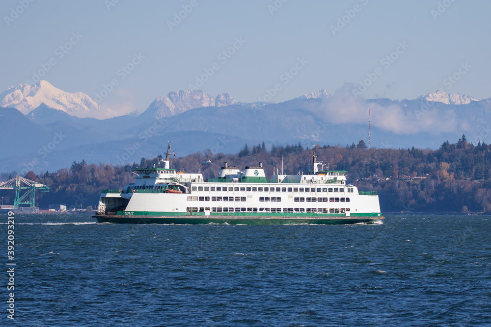 Washington State Ferry Passes Cascades on the Way to Mukilteo