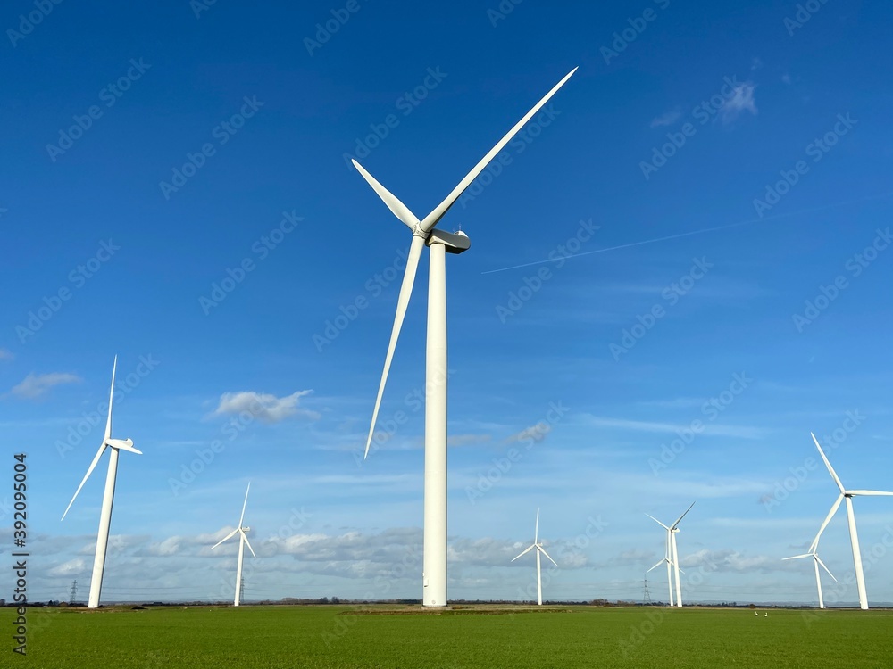 Wind turbines that produce electricity energy. Windmill Wind power technology productions Wind turbines standing on a blooming fields in green field. Wind turbines that produce electricity energy. Windmill Wind power technology productions Wind turbines standing on a blooming fields in green field.