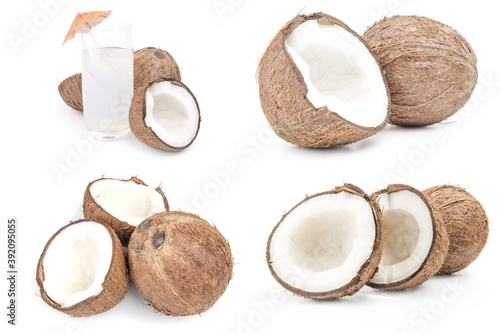 Collage of coconut on a white background clipping path