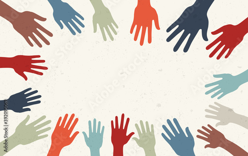 Group raised human arms and hands.Diversity multiethnic people. Racial equality. Men and women of different culture and countries. Coexistence harmony. Multicultural community. Copy space