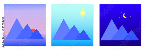 Vector morning, day, night icons. Isolated vector image. Icon of mountains during the day, morning, and night. The concept of the time of day