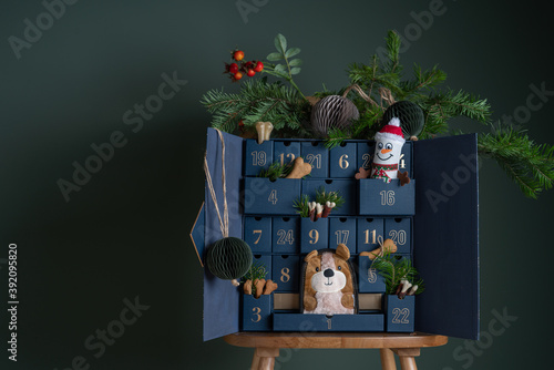 DIY funny advent calendar for dog. Eco toys and treats for furry friends. Pet care concept
