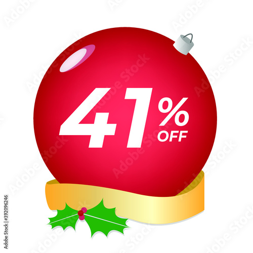 41% off. Forty-one percent discount. Christmas sale banner. Red bubble with ornaments on a white background vector.
