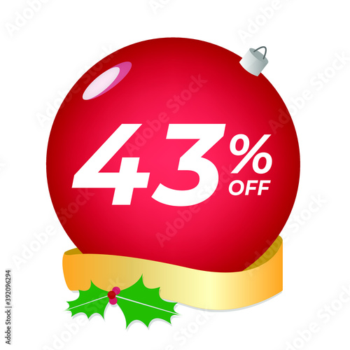 43% off. Forty-three percent discount. Christmas sale banner. Red bubble with ornaments on a white background vector.